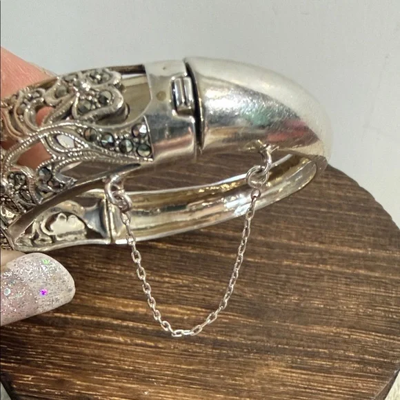 Ornate Filigree Marcasite Rose, Flower Hinged Bracelet - 925, Sterling Silver - Picture 3 of 7